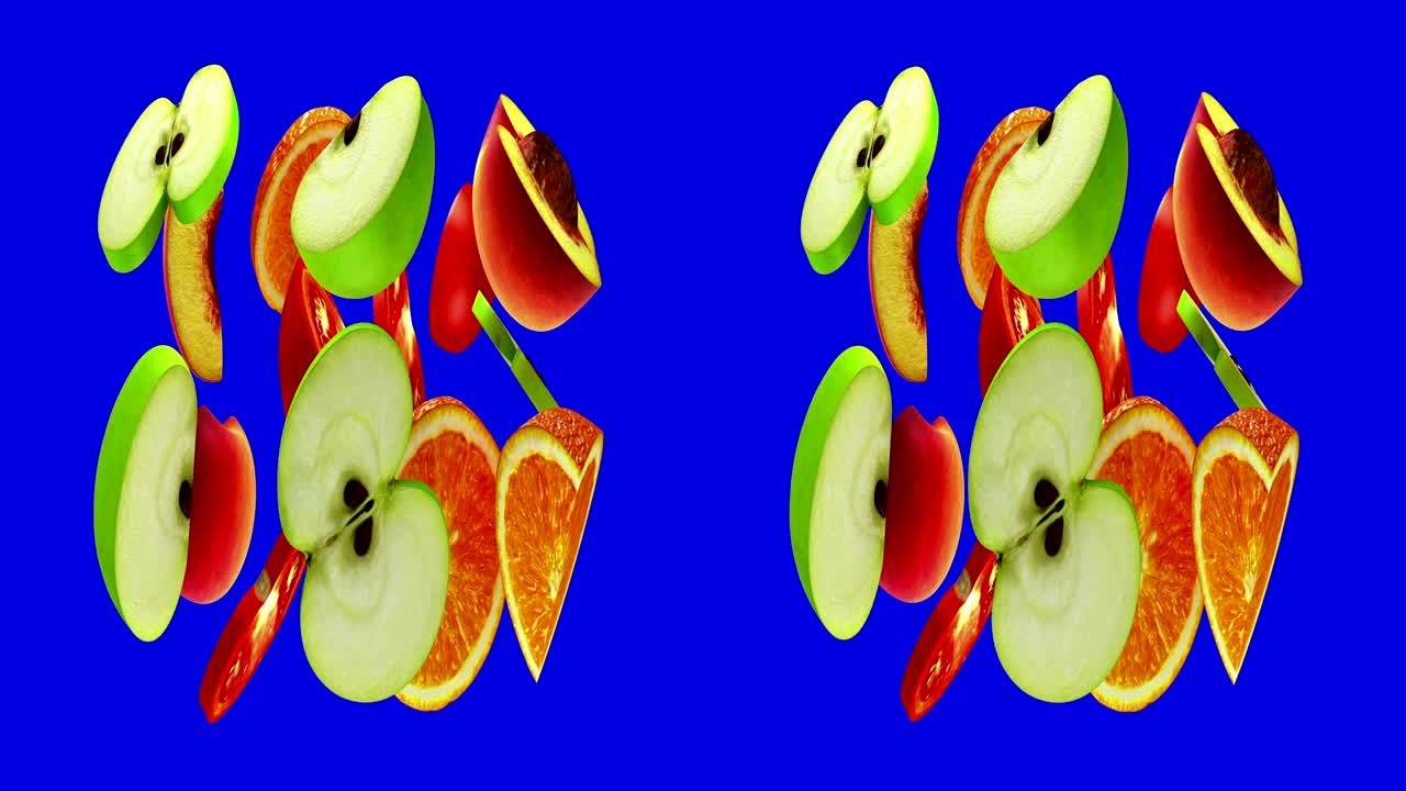 par estéreo anamórfico horizontal, las frutas giran en azul, bucle sin costuras, 3d