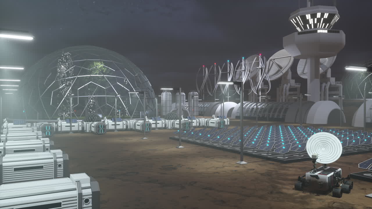 Futuristic city outpost architecture glowing underneath dark sky on alien planet