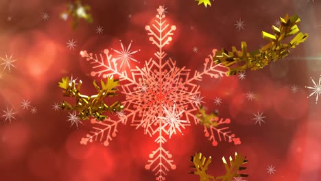 Animation-of-christmas-gold-snowflakes-falling-on-red-background