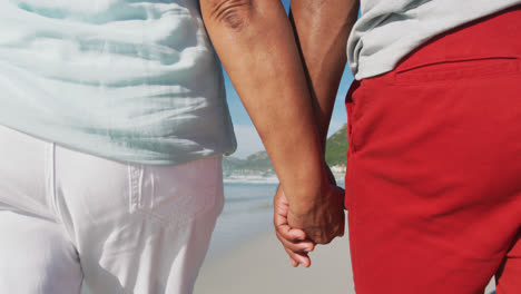 Sección-Media-De-Una-Pareja-Afroamericana-De-Alto-Rango-Caminando-Y-Tomándose-De-La-Mano-En-La-Playa.