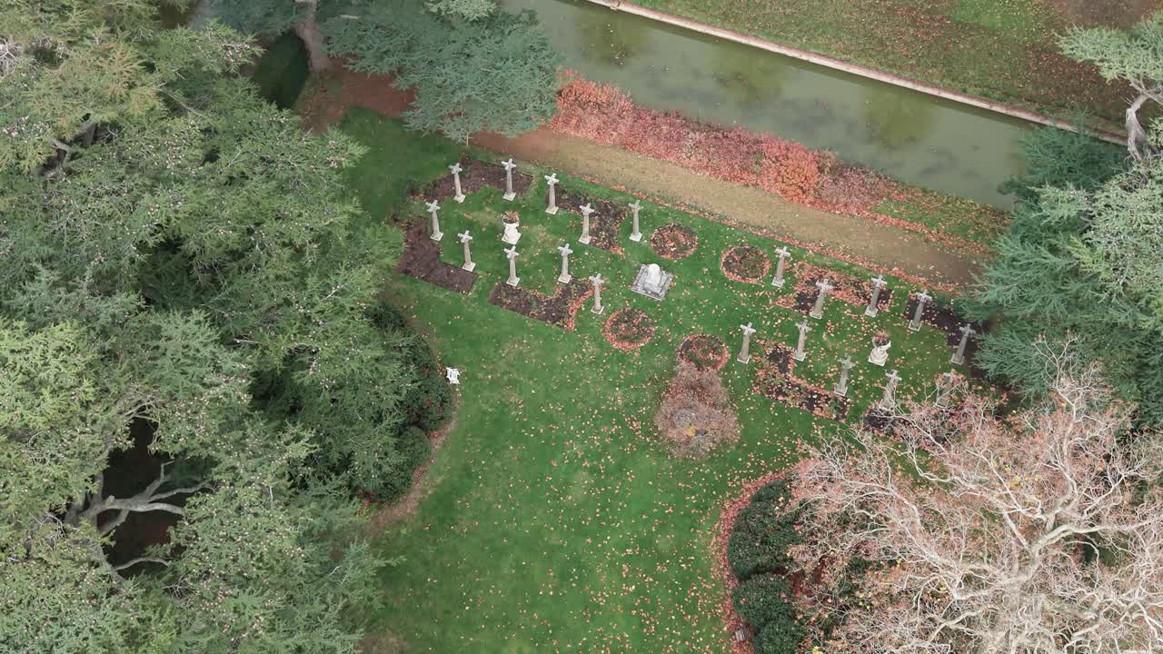 Above View Lawn And Moat At The Gardens Near Kentwell Hall In Long Melford, United Kingdom. Aerial Drone Shot