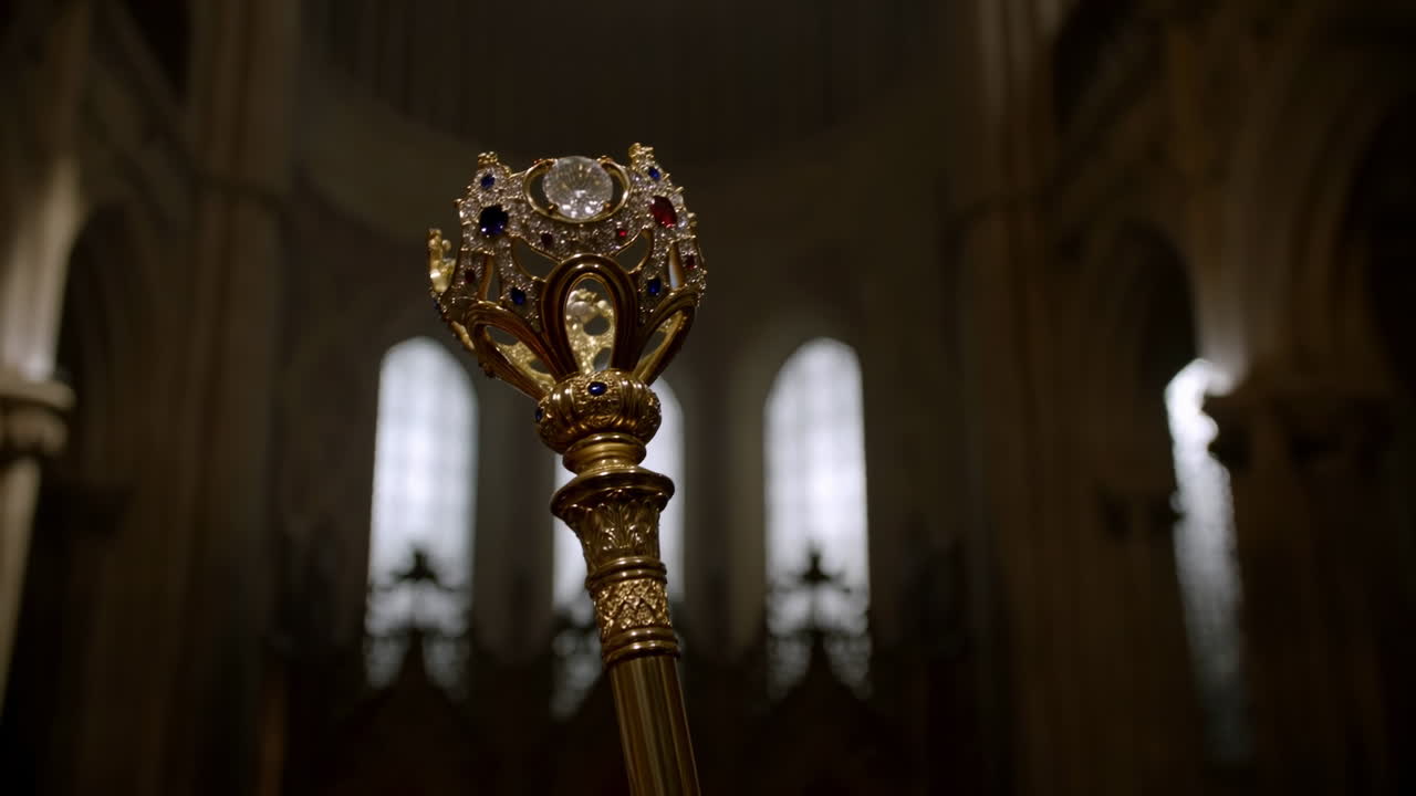 Scettro dorato ornato con gioielli in una grande cattedrale