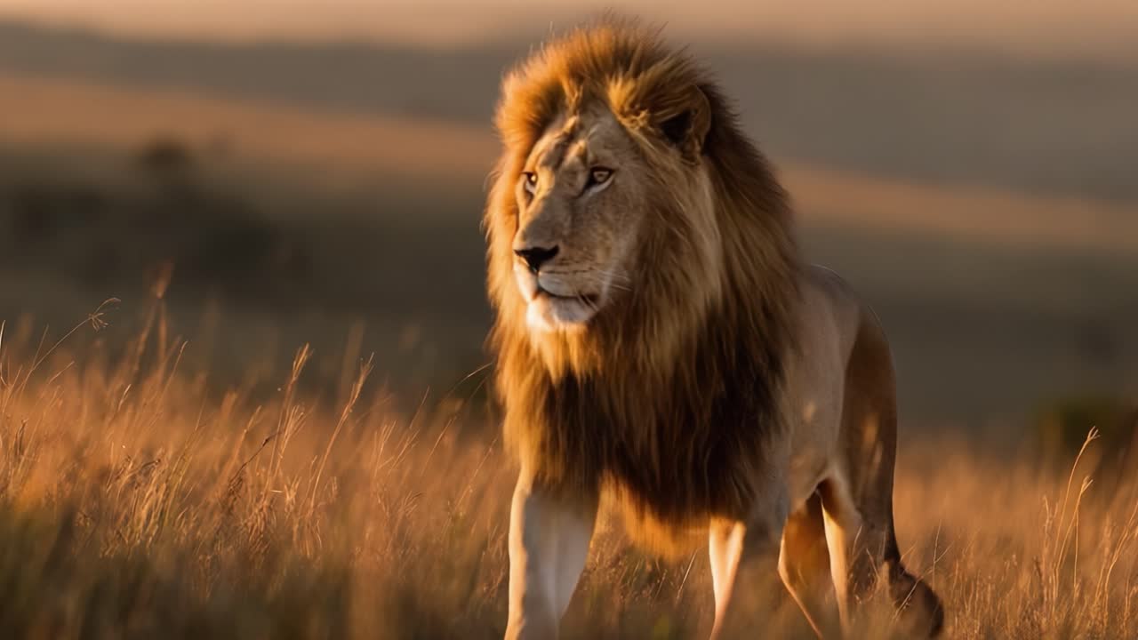 Majestic Lion Roaming the Golden Savanna: A Stunning Evolution from Stillness to Movement Captured in Two Frames of Nature's Splendor at Dusk