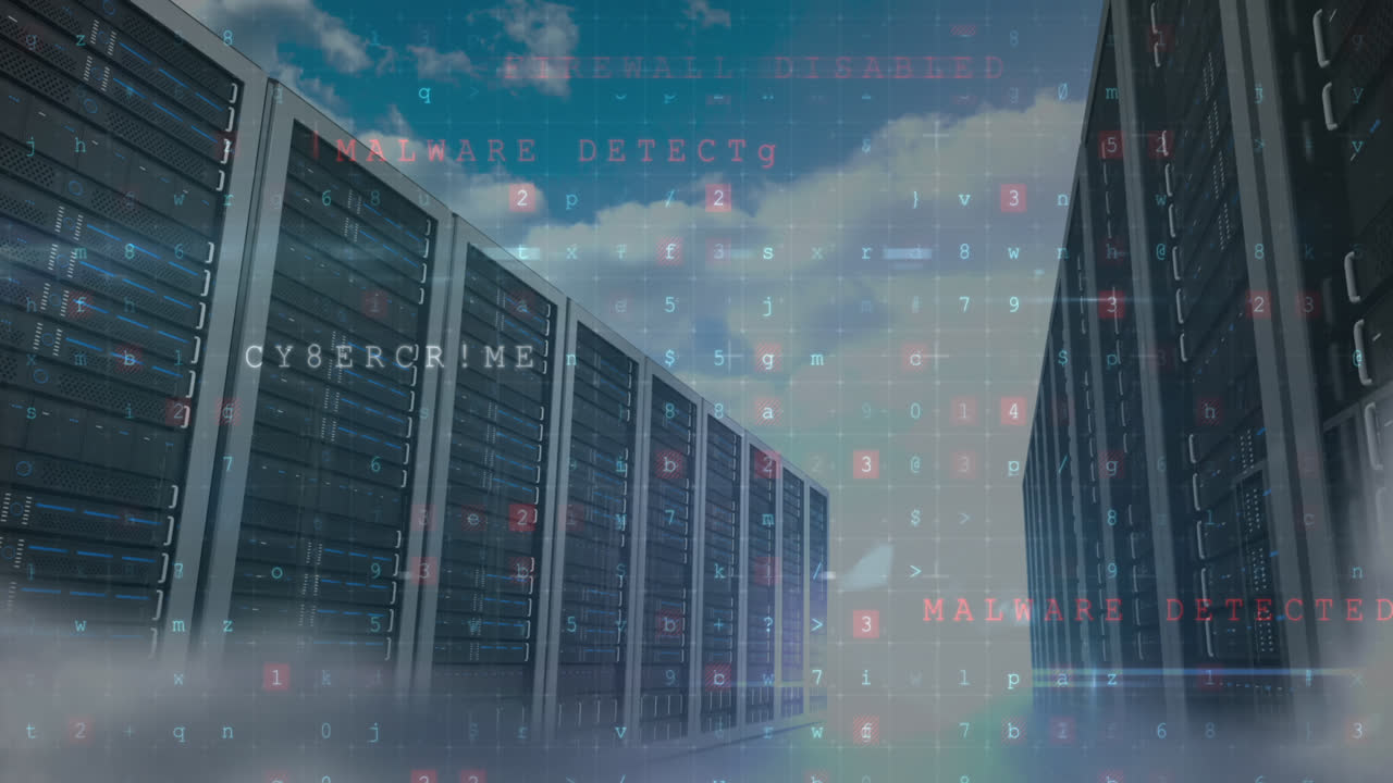 Animation of cyber attack warning over sky and server room
