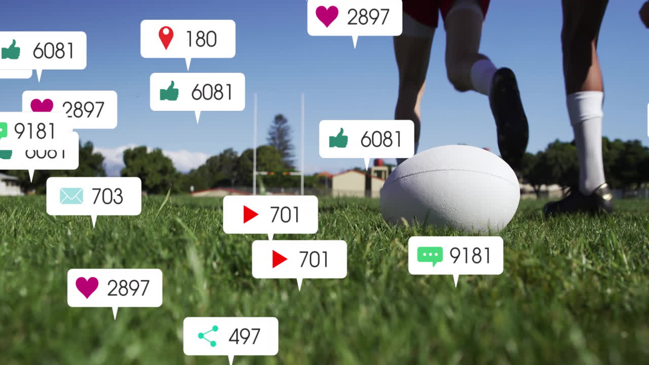male athlete preparing rugby kick on grass, showcasing sports tech with floating social media icons
