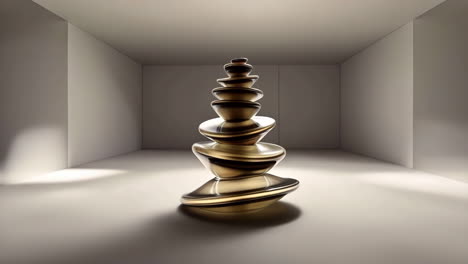 abstract golden stacked sculpture in a minimalist room