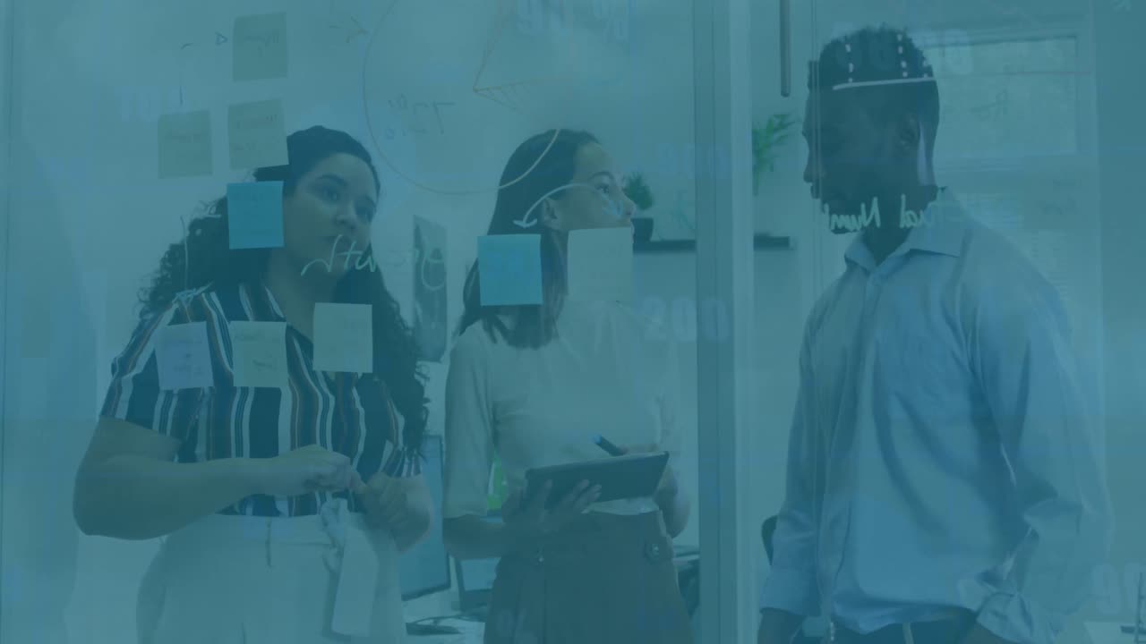 Animation of financial data processing over diverse business people working at office