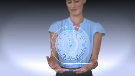 Businesswoman-holding-virtual-alarm-clock