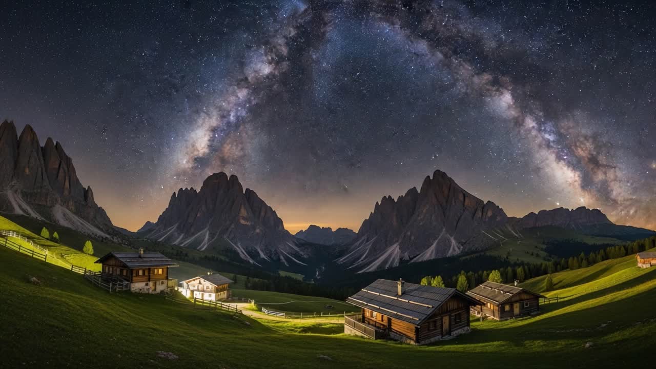 Via Lattea su una Valle Montana con Case Tradizionali