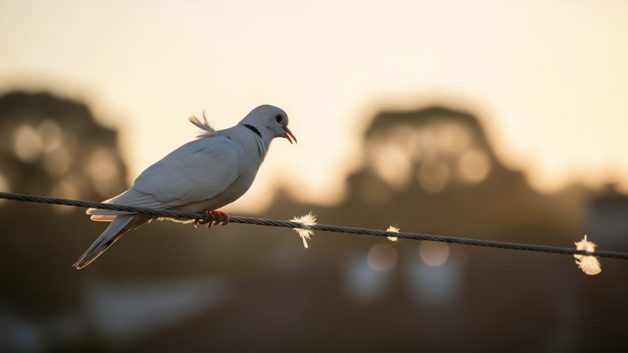 A Serene White Bird Perched Gracefully on a Wire at Sunset, Capturing the Peaceful Essence of Nature in the Evening Light