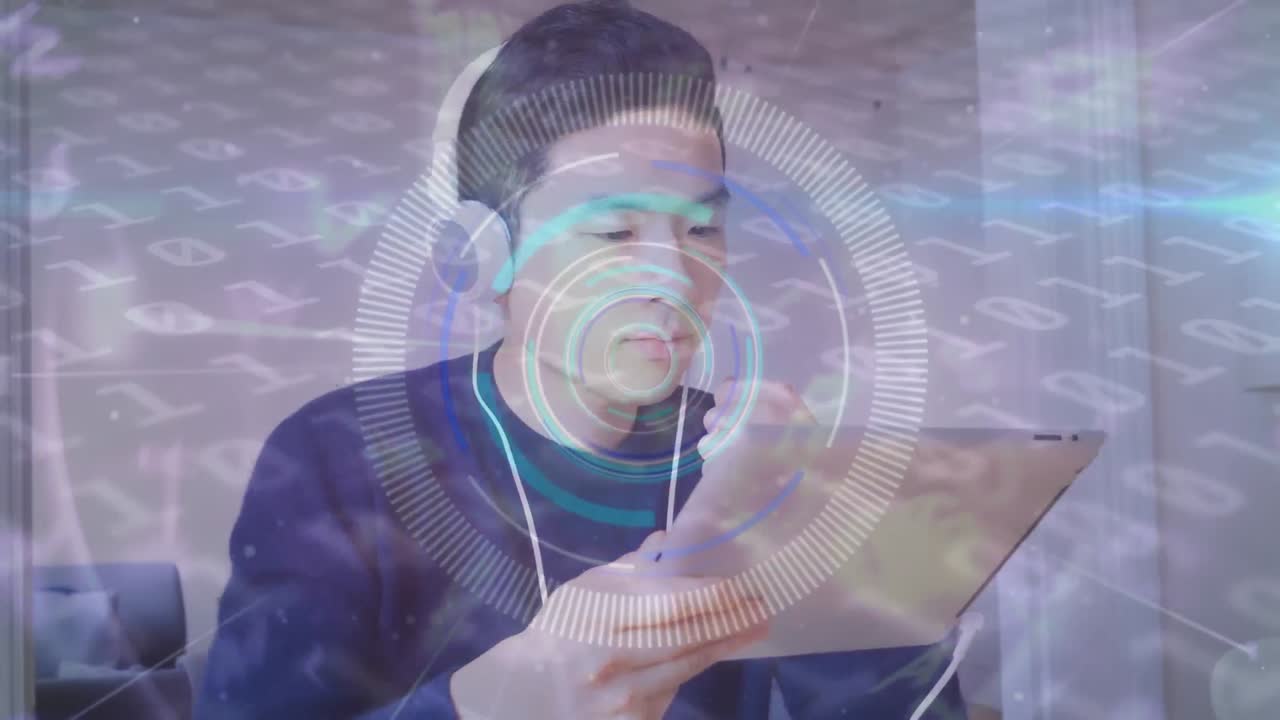 animación de codificación binaria sobre el hombre usando una tableta