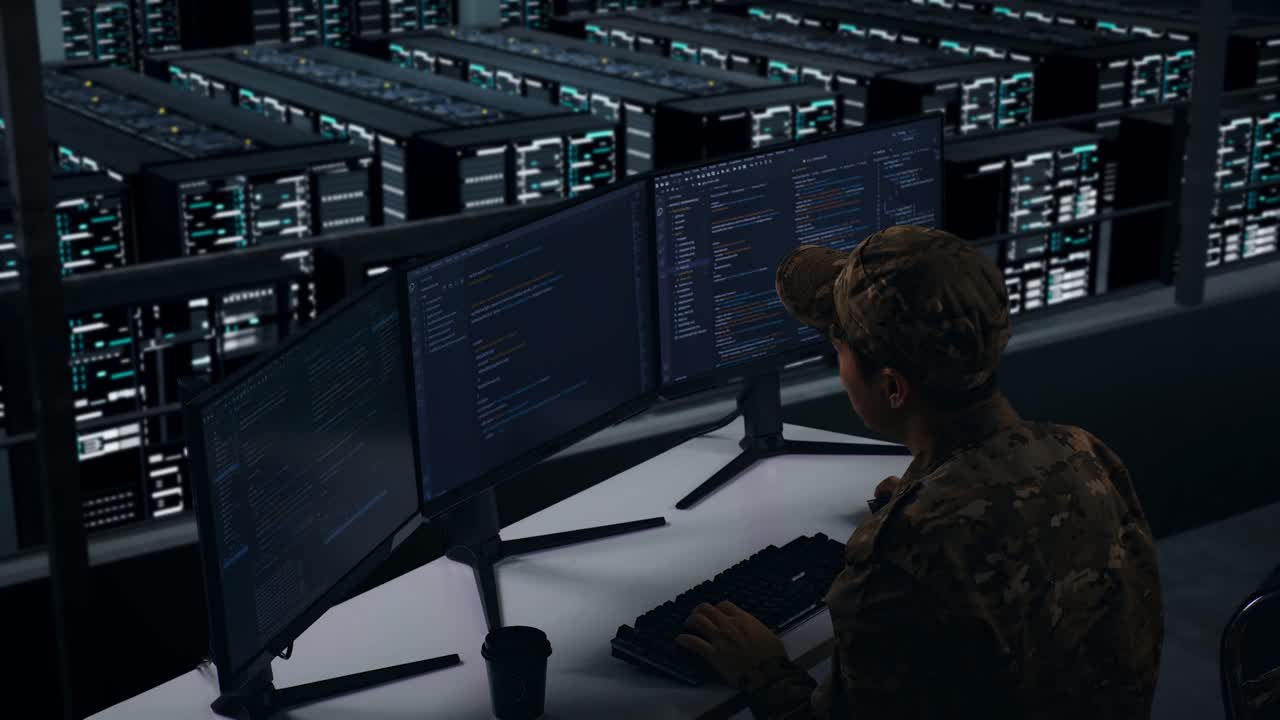Side View Of Tired Asian Military Stretching While Write Code With Multiple Computer Screens In Data Center