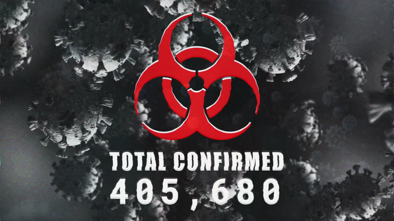 Animation of biohazard symbol with total confirmed number over virus cells on black background