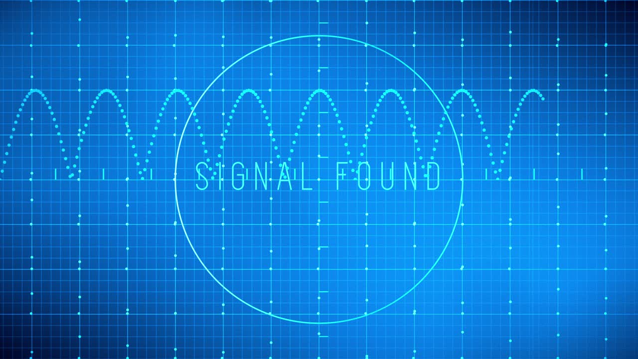 An animation loop of a blue electronic interface continuously scanning and reporting status while plotting the found signal on the monitor screen