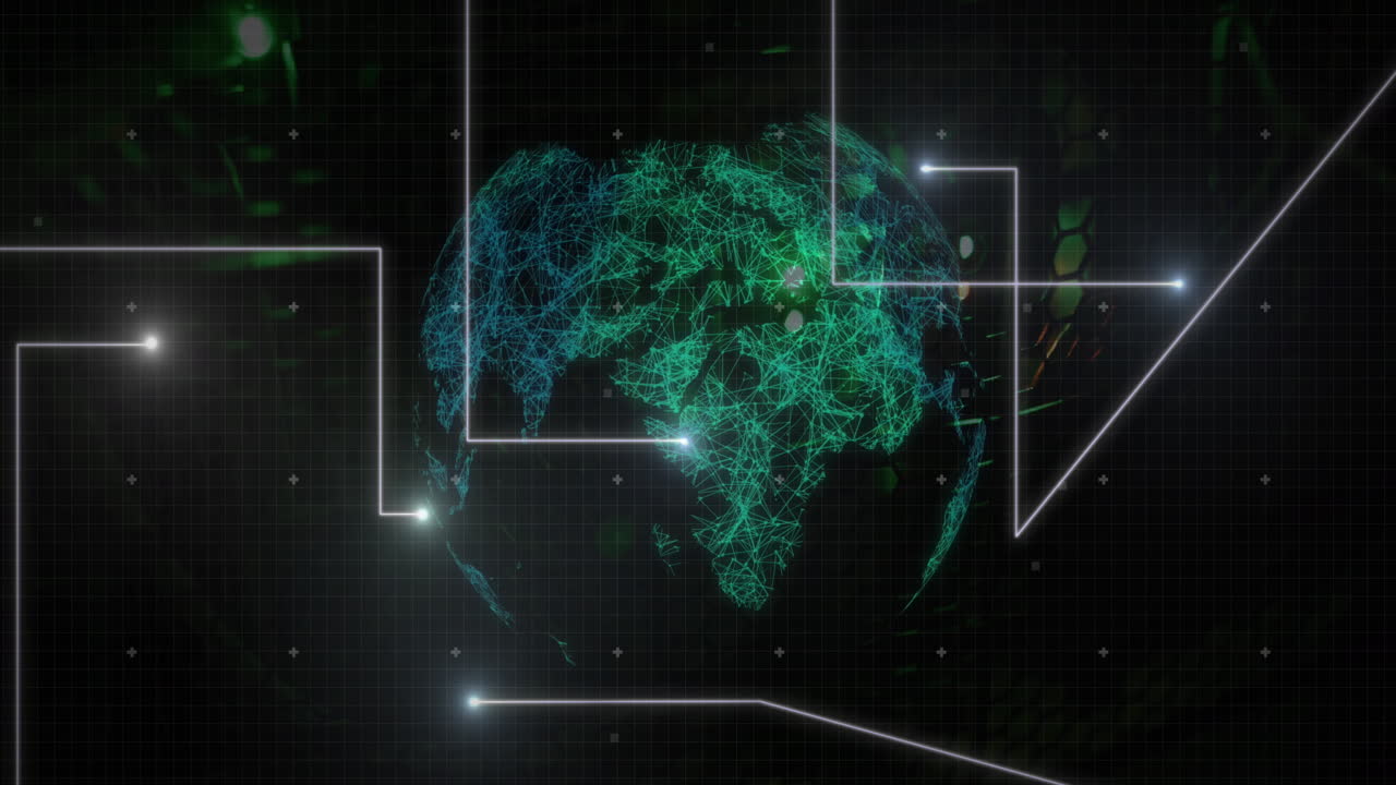 animación de la rotación del globo y las manchas brillantes con procesamiento de datos.