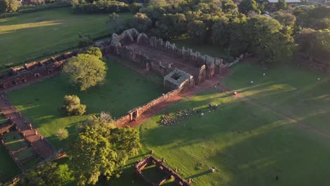 Aerial-view-of-The-ruins-of-San-Ignacio,-Argentina-at-golden-hour