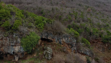 Acantilados-En-La-Entrada-De-La-Cueva-En-La-Montaña-Cubierta-De-árboles-Verdes-Y-Marrones-En-Un-Día-Nublado-En-Invierno,-Vista-Aérea