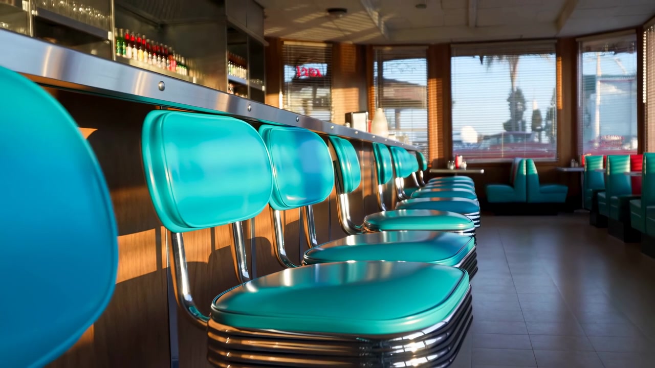 Una toma interior estática de un restaurante con filas de sillas turquesas y mesas de madera, ubicado en un entorno urbano con una vista del paisaje urbano visible a través de las ventanas.