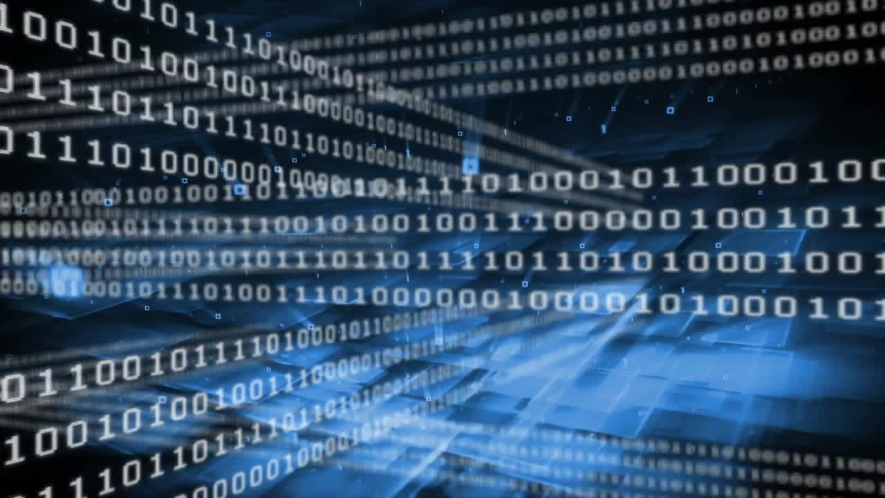 Animation of binary coding digital data processing over black background