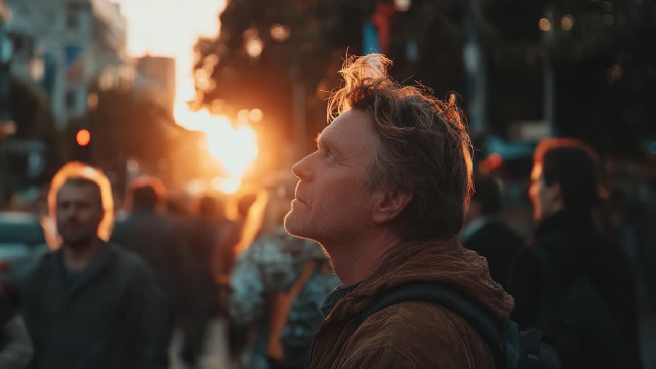 Un Momento Contemplativo: Individuo assorto nei pensieri in mezzo a una folla vivace sotto un cielo al tramonto splendente, abbracciando la bellezza della vita quotidiana