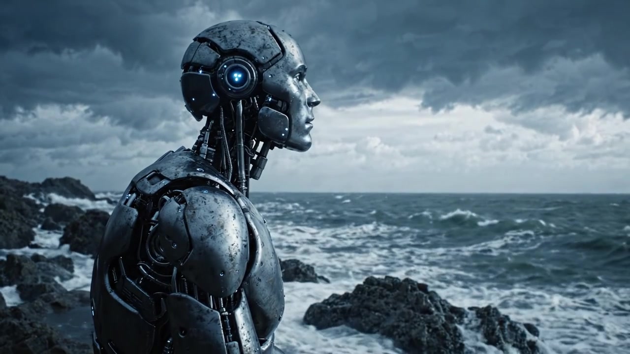 Una figura robotica contemplativa siede sulla riva rocciosa, osservando il mare turbolento sotto un cielo minaccioso, simboleggiando l'intersezione tra tecnologia e natura