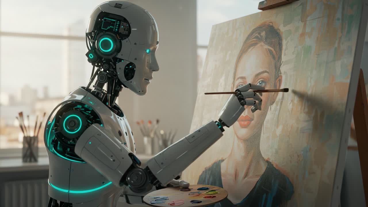 Un robot artista umanoide crea in modo affascinante il ritratto di una giovane donna, fondendo tecnologia e arte in un suggestivo ambiente da studio.