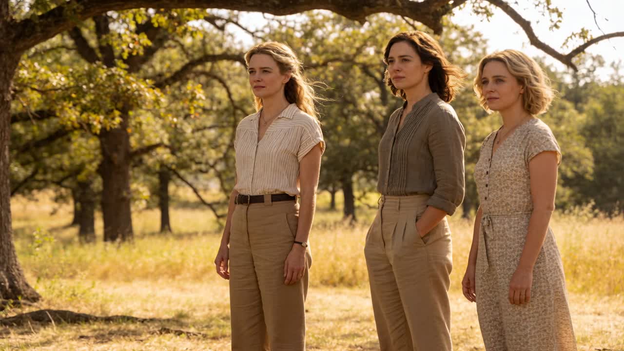 Tre donne in abiti casual, in piedi, osservano un punto fuori campo sotto una quercia, con il vento che solleva i loro capelli.