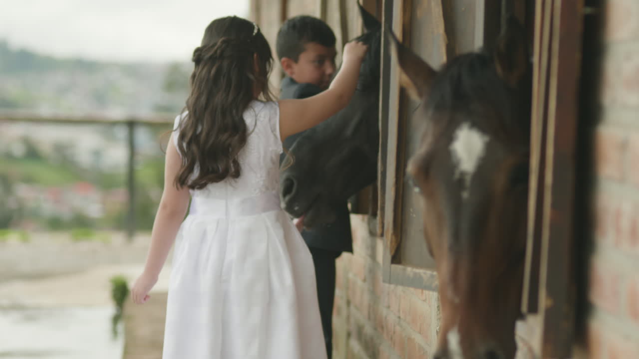 A boy in an elegant suit and a girl in a white dress tenderly caress a horse from a stable window.