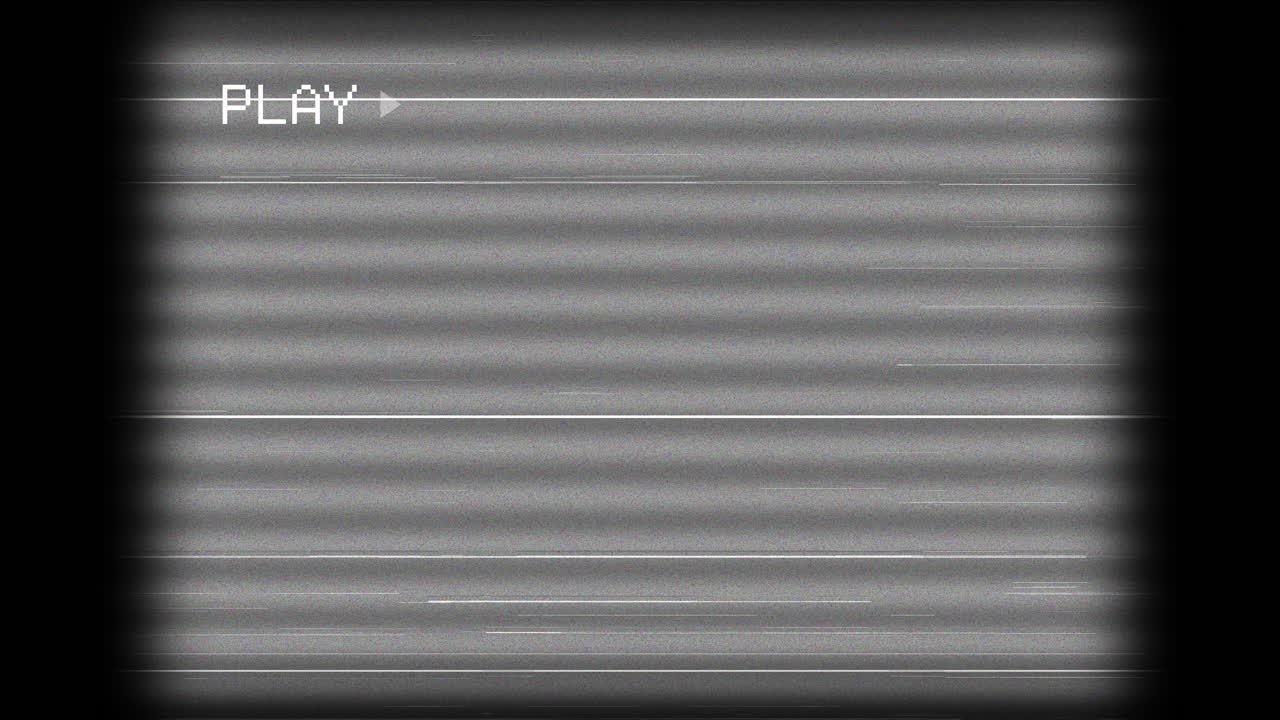 Schermo statico VHS retrò con pulsante Play ed effetto glitch