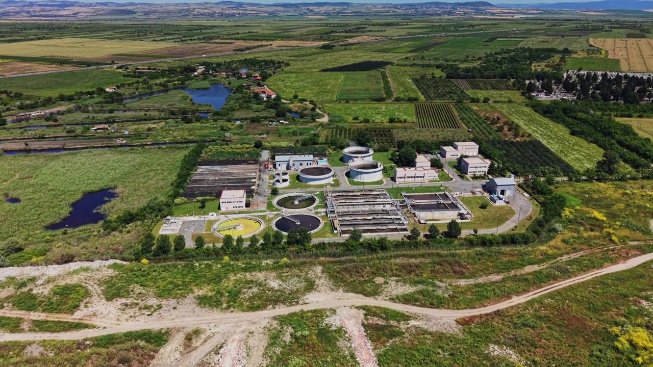 Water treatment facility near farmland and water bodies in rural area