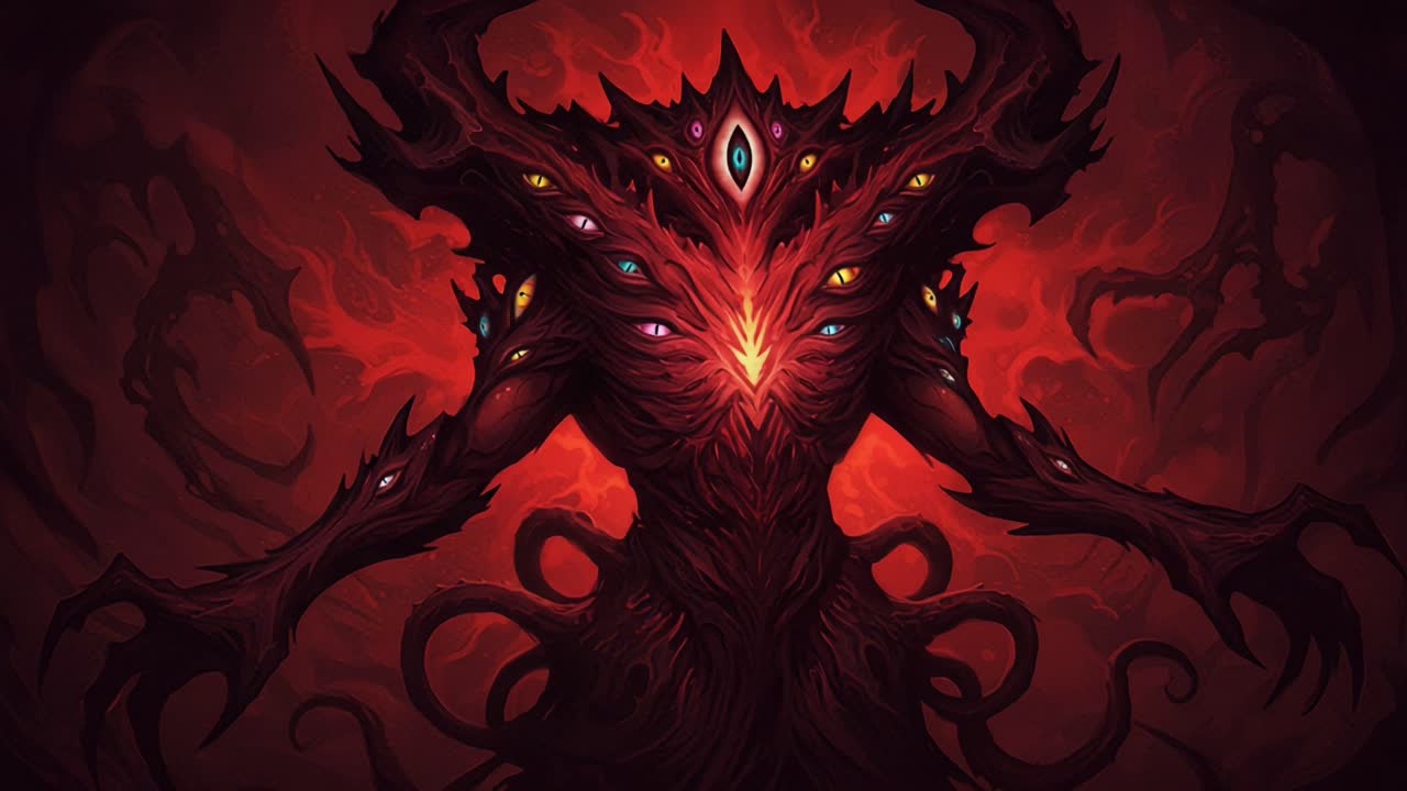 A captivating depiction of a dark, monstrous entity with multiple eyes and tentacle-like extensions, embodying the essence of fear and surreal horror in a vivid color palette