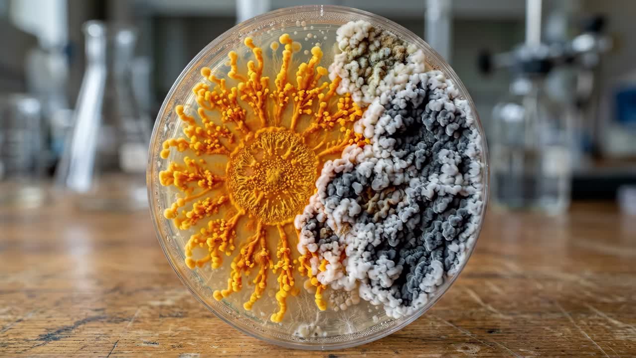 Timelapse di diversi microrganismi che crescono in una capsula di Petri