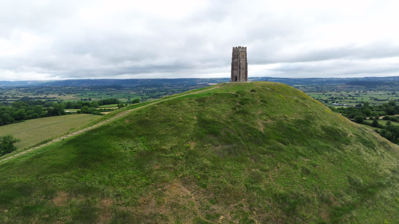 Glastonbury Tor Iconic And Historic Hill In Somerset, England. Aerial Drone Shot