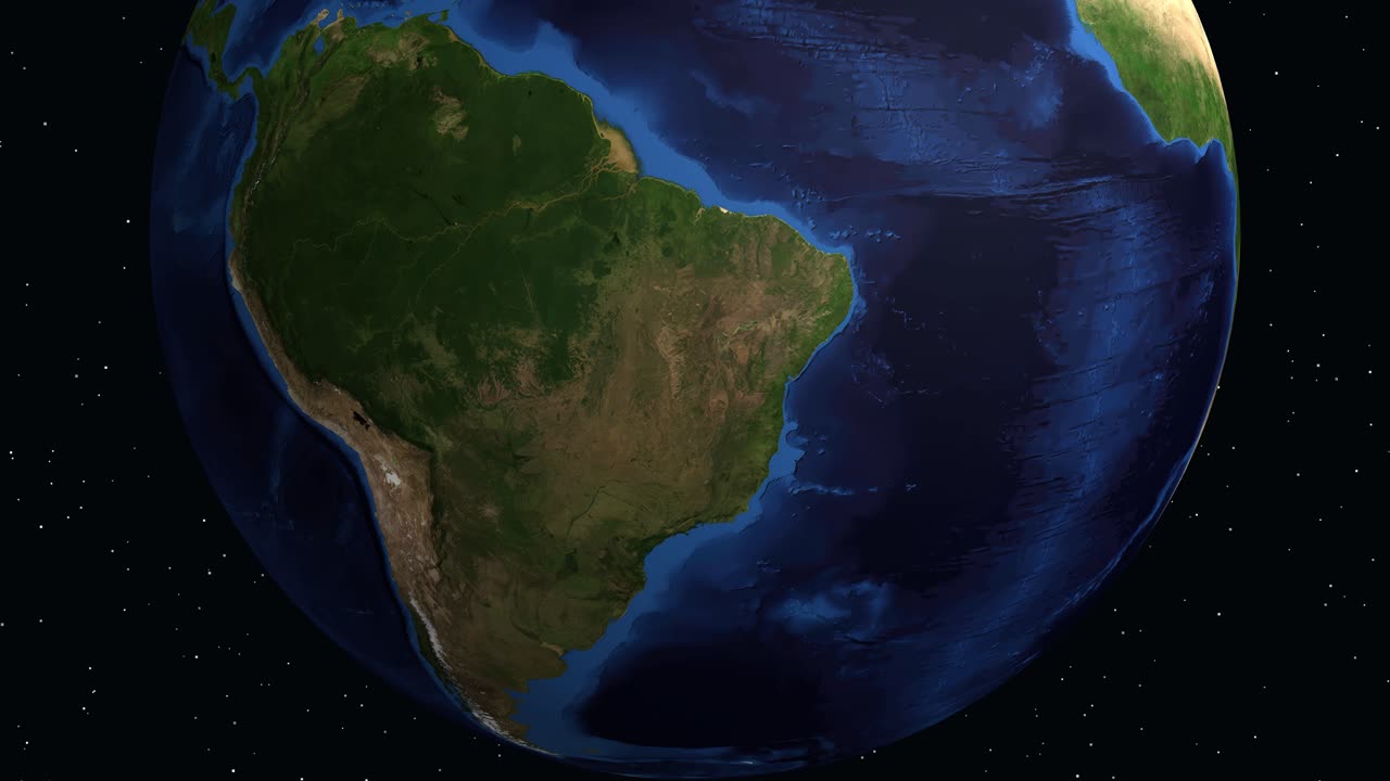 Animazione digitale si ingrandisce dallo spazio esterno sull'America del Sud, localizzando Oruro, Bolivia con dati.