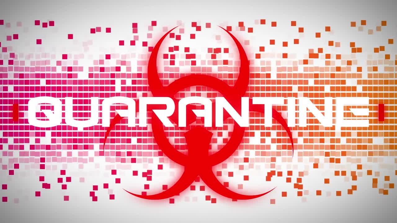 animación del texto de advertencia de cuarentena, sobre el símbolo de peligro biológico rojo y los píxeles rojos en movimiento, en gris