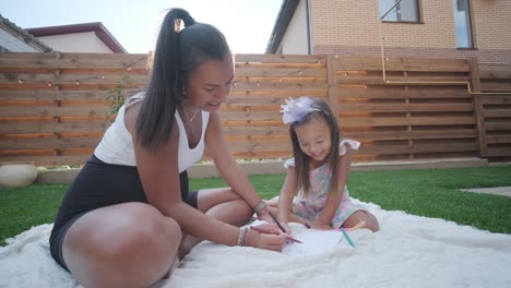 a mother and her young daughter sit on a blanket in the backyard, engaging in a drawing activity together. the outdoor scene captures a peaceful family moment, fostering creativity and bonding.