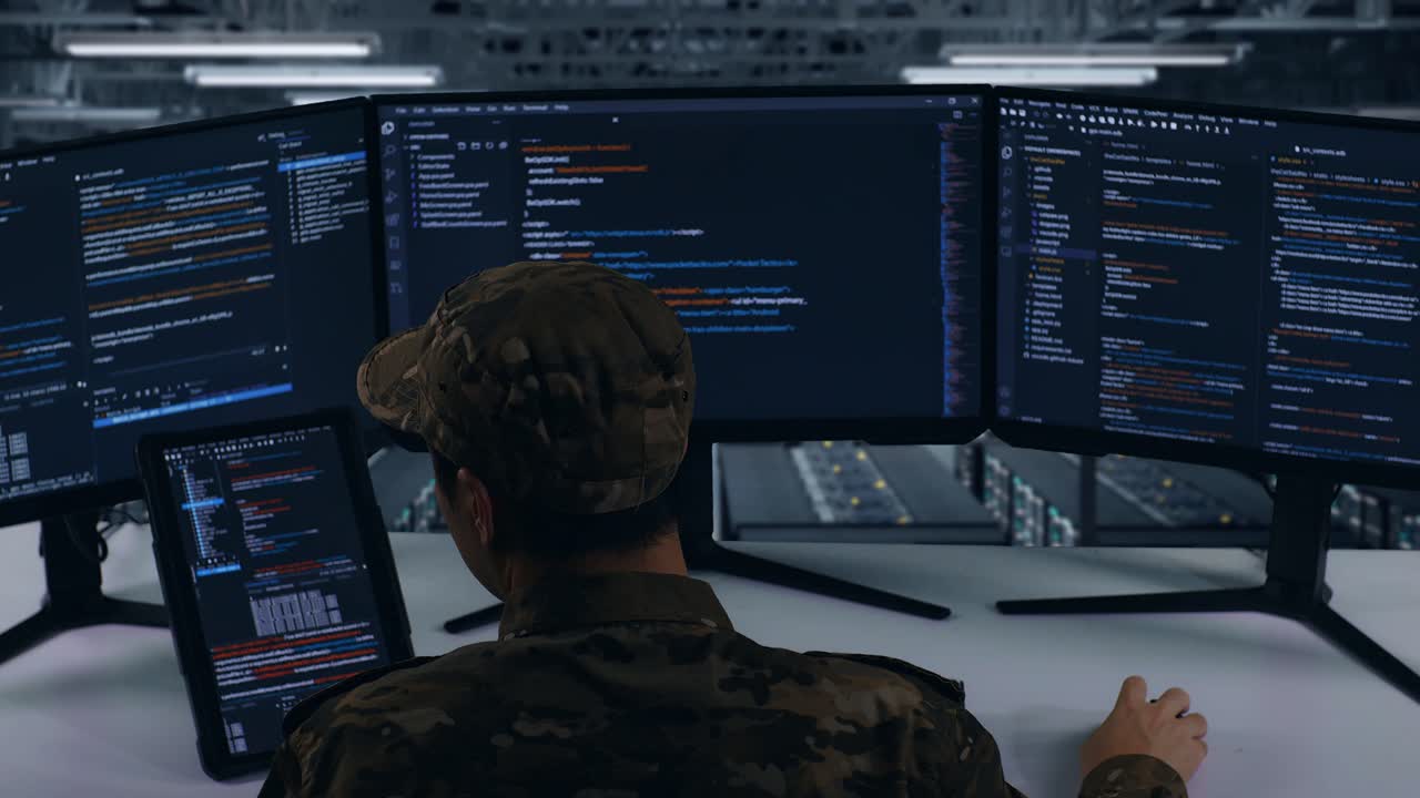 Back View Of Asian Military Working With Tablet While Write Code With Multiple Computer Screens In Data Center