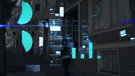 digital data charts and graphs animation over person walking on urban street