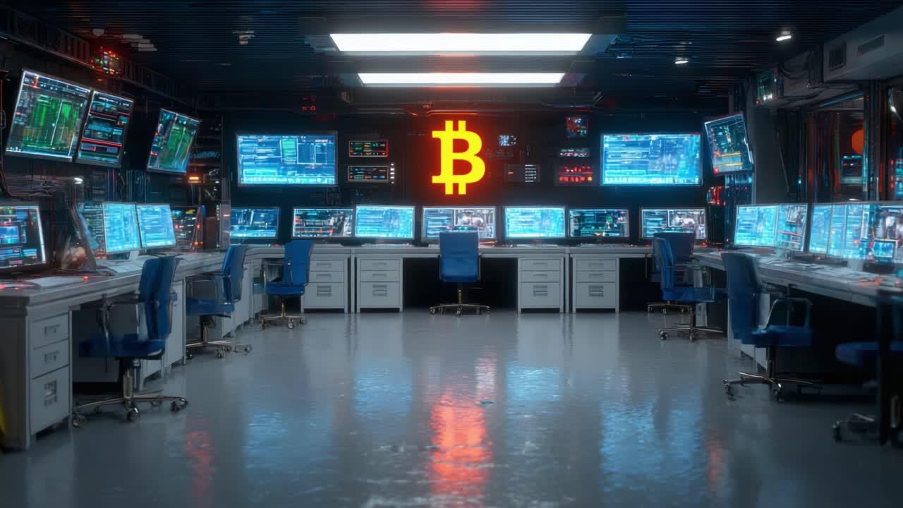 Una sala di trading di criptovalute high-tech con diversi schermi che mostrano dati di mercato e strumenti di analisi per Bitcoin e altri asset digitali
