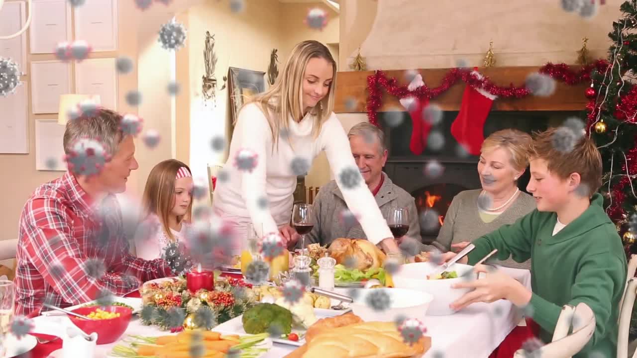 코로나 19 세포의 애니메이션이 다세대 코카시안 가족을 이동하고 있습니다.