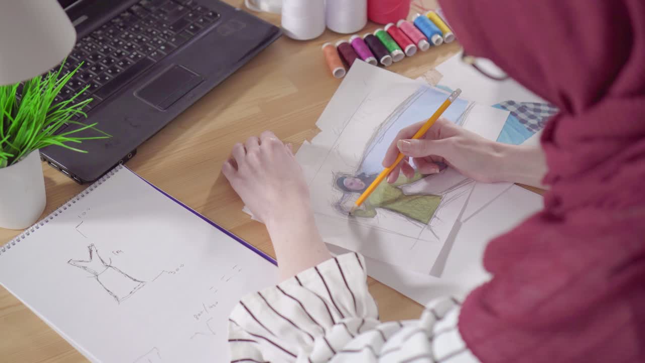 국가 헤드 스카프를 입은 젊은 무슬림 여성 패션 디자이너가 테이블  뷰에 앉아 스케치를 만니다.