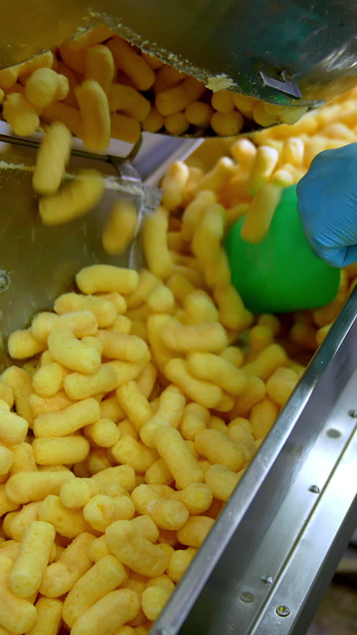 Lots of yellow crispy corn sticks fall on the conveyor line. Factory worker pushes snacks along the belt. Food factory production concept. Vertical video