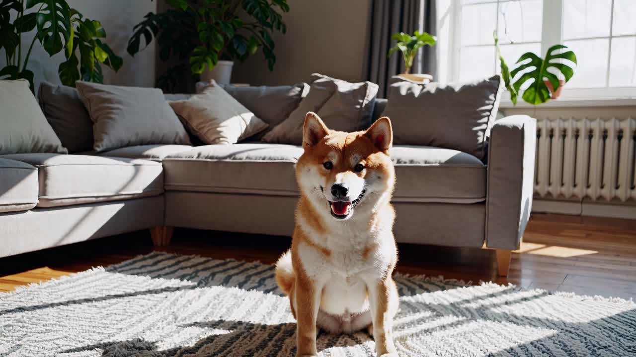 A playful Shiba Inu sits on a rug in a sunlit living room. The low-angle shot captures its joyful