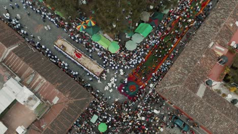 Good-Friday-Procession-In-Antigua,-Guatemala---aerial-top-down