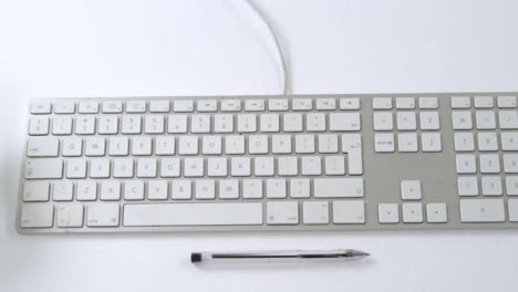 Topfpflanze,-Tastatur,-Stift,-Mobiltelefon-Und-Lampe-Auf-Weißem-Hintergrund-4k