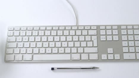 pot plant, keyboard, pen, mobile phone and lamp on white background 4k