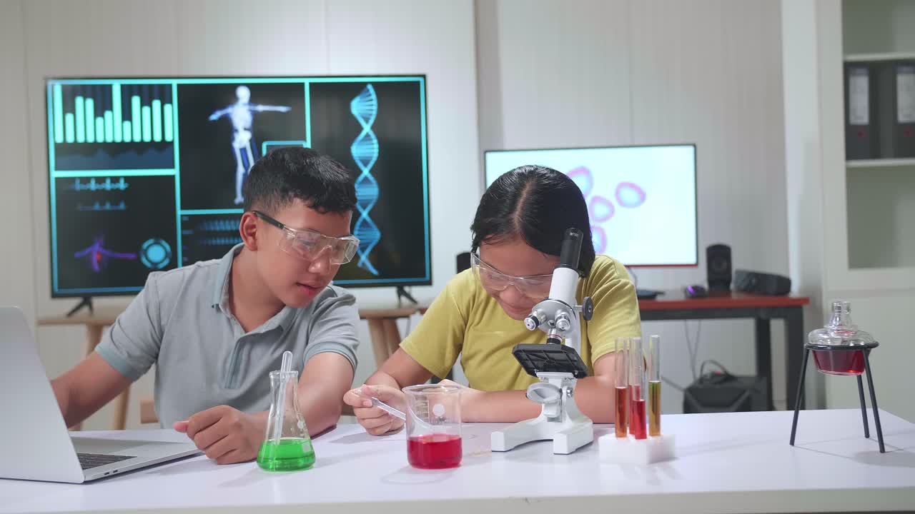 Young Asian Boy And Girl Learning Science Experiment In Laboratory At Classroom. Study With Scientific Equipment And A Microscope