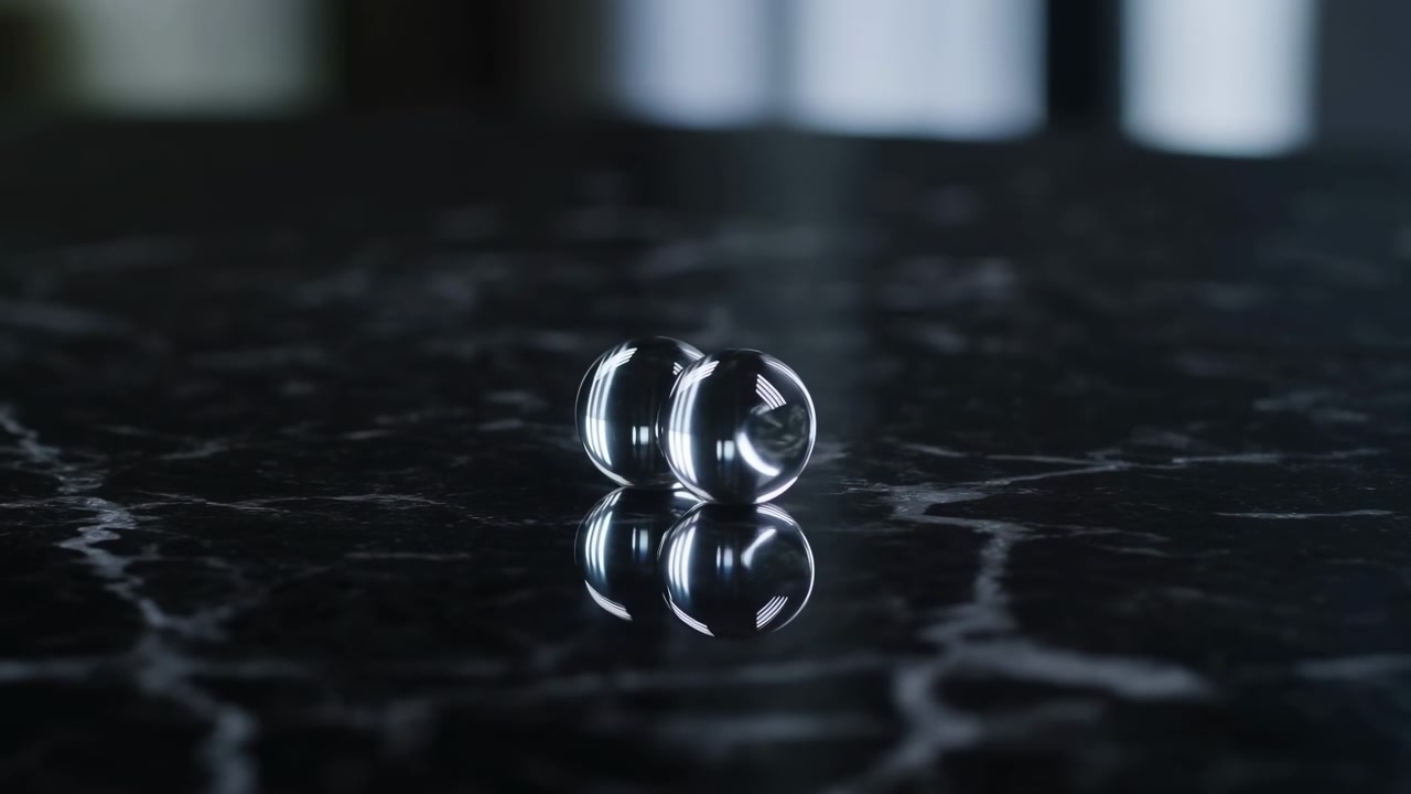 Two clear glass spheres on polished black marble glide closer until touching, then one sphere remains centered, glowing in cool window light with crisp mirrored reflections and elegant dark contrast