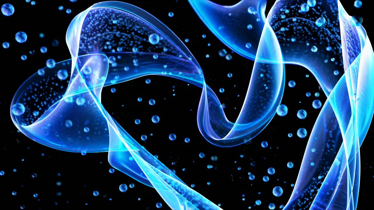 Dynamic video concept of swirling blue light waves and particles on a black background