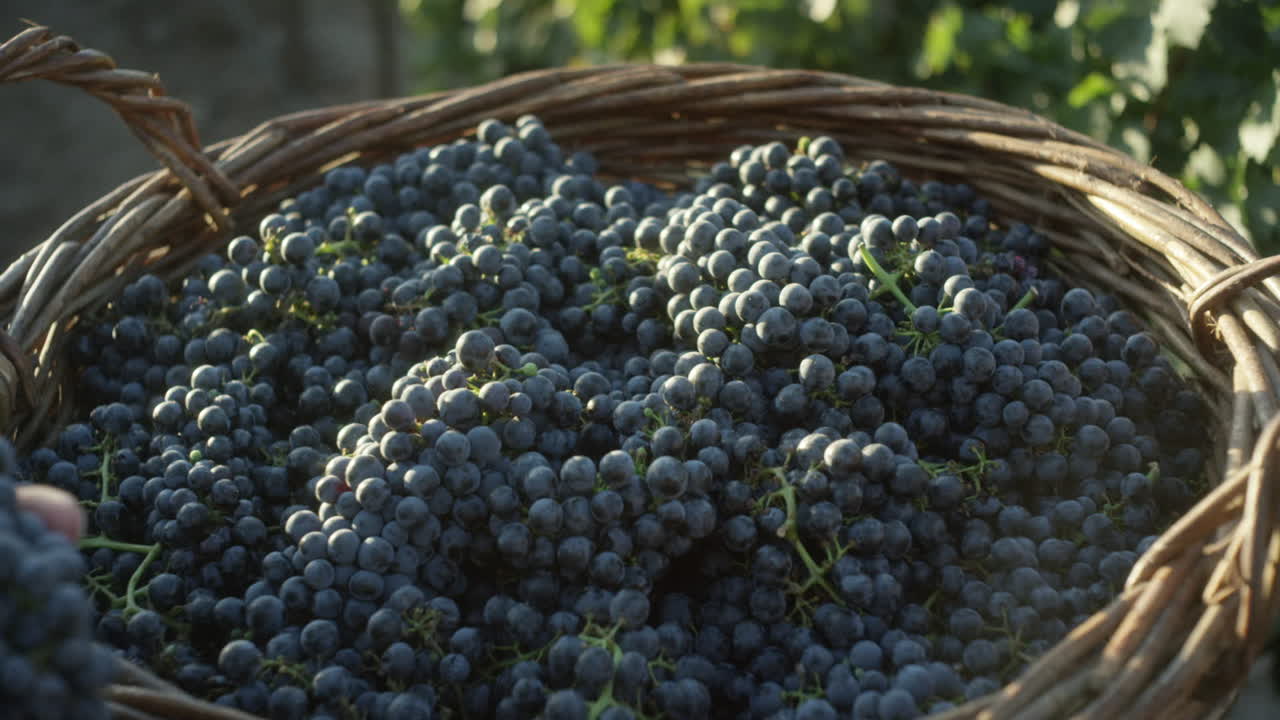A wicker basket overflowing with freshly harvested grapes under warm sunlight, showcasing the abundance of a vineyard's harvest.